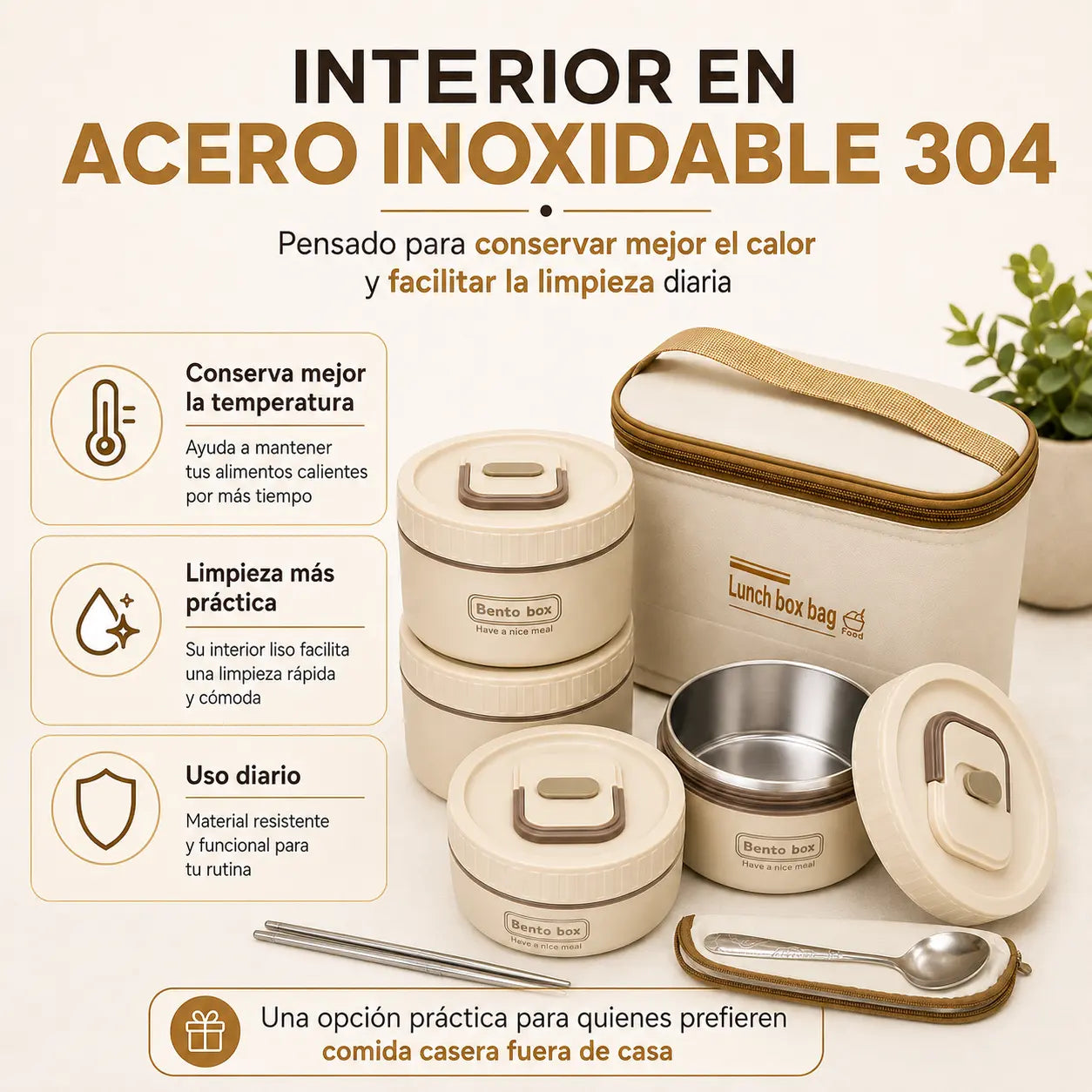 Portacomidas Térmicos con Interior de Acero Inoxidable 304 – Tu Almuerzo Caliente y Sin Derrames · Set x4